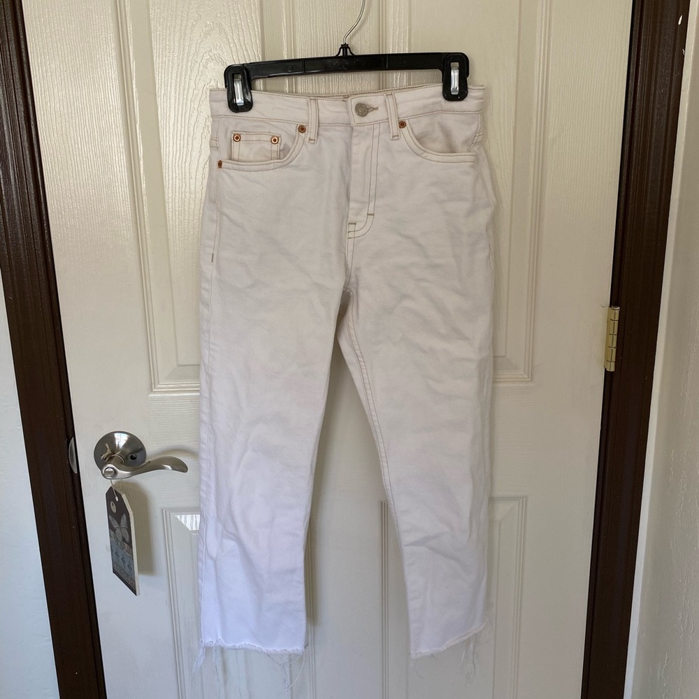 Top Shop white straight capris, tan threading